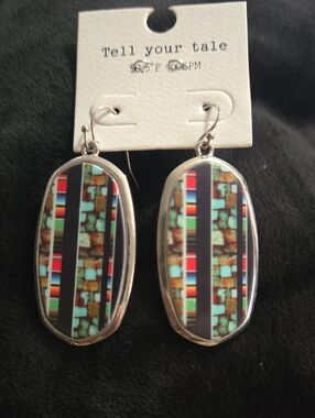 Tell Your Tale Multicolor Inlay Oval Drop Earrings - Silver Frame